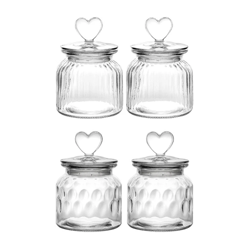 2PCS Ribbed Glassy Canisters With Decorative Heart Lid 650ml Storage