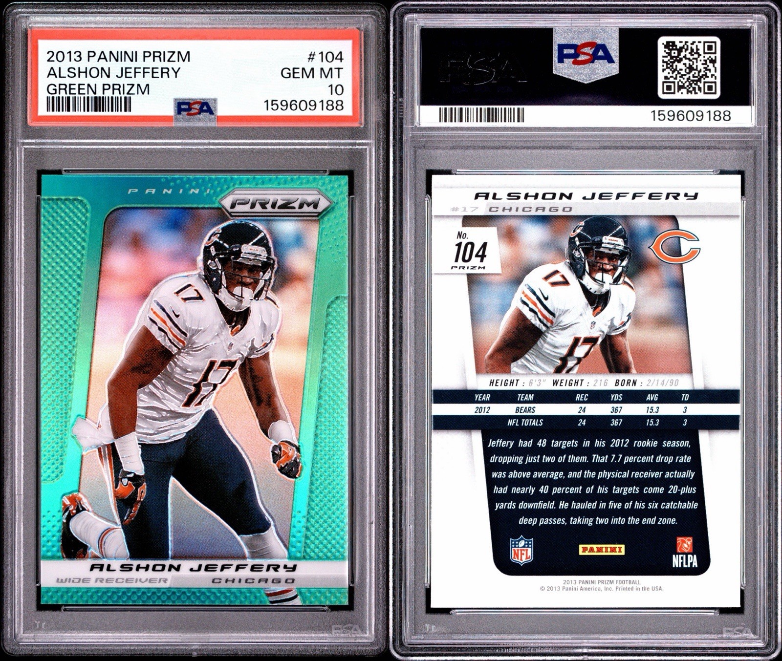 2013 Panini Prizm Alshon Jeffery #104 Green Prizm PSA 10 Chicago Bears view 3