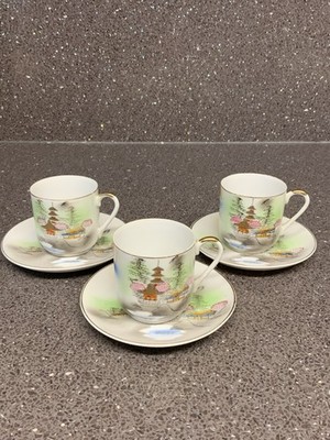 3 x kleine Kutani Ware Vintage Tassen und Untertassen Geisha Boden Tassen nur UK