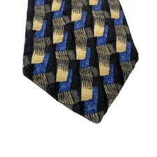 Geoffrey Beene Tie Mens Blue Gold Black 100% Silk Geometric Abstract Made USA
