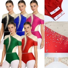 Women Dancewear Competition Bodysuit Practise Leotard Mesh Shiny Glittery Dance