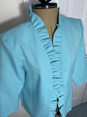 Salon Studio Blue Open-Front Jacket with Ruffles & Shoulder Pads: Size S