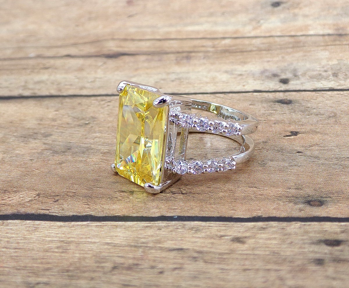 Large Yellow and Clear Cubic Zirconia Stone Statement Ring 36