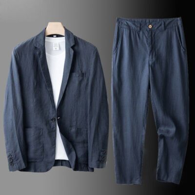2 Pc Set Summer Men One Button Suit Cotton Linen Causal Blazer Pants Coat Jacket