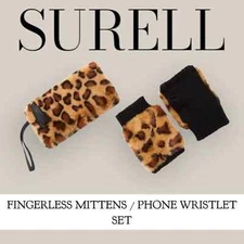 Surell ​2-Piece Faux Fur Fingerless Mittens & Phone Wristlet Set, Leopard, NIB