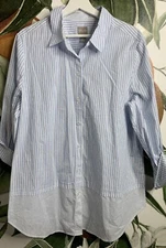 Chicos Size 3 US XL Striped Blue Tab Sleeves Button Front Shirt 100% Cotton