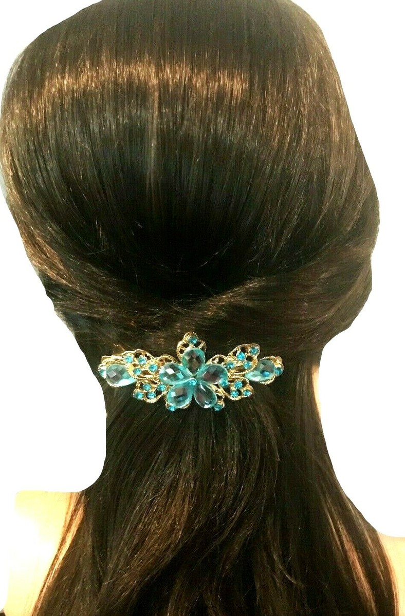 Superbe Barrette à Cheveux Argent, Turquoise Et Cristal Aqua, 3.5 Pouces