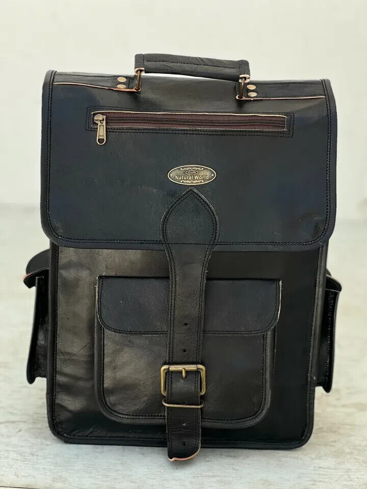 16" Genuine Men Real leather backpack bag satchel briefcase laptop black vintag