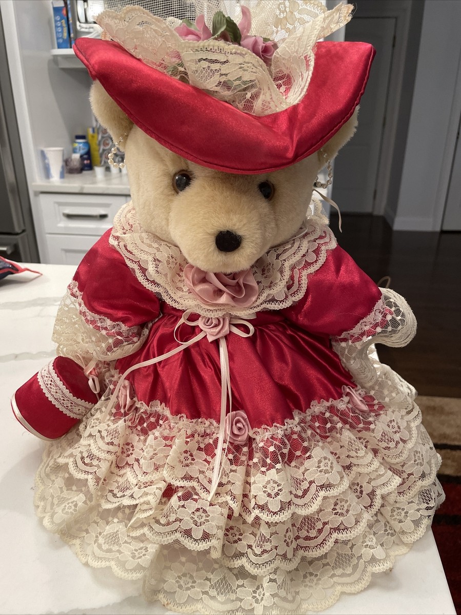 vintage teddy bear with red dress and beige Lace Trim With Hat