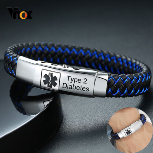 Free Engraved Personalized Medical Bracelets Men Stylish Braided Leather Bangle - Picture 1 of 12