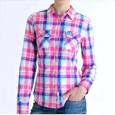 Hollister Blue Ladies Plaid Button-Up Casual Western Style Shirt Spring Pink