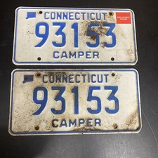 Vintage Connecticut CT License Plates Camper Tag Man Cave Blue White Decor