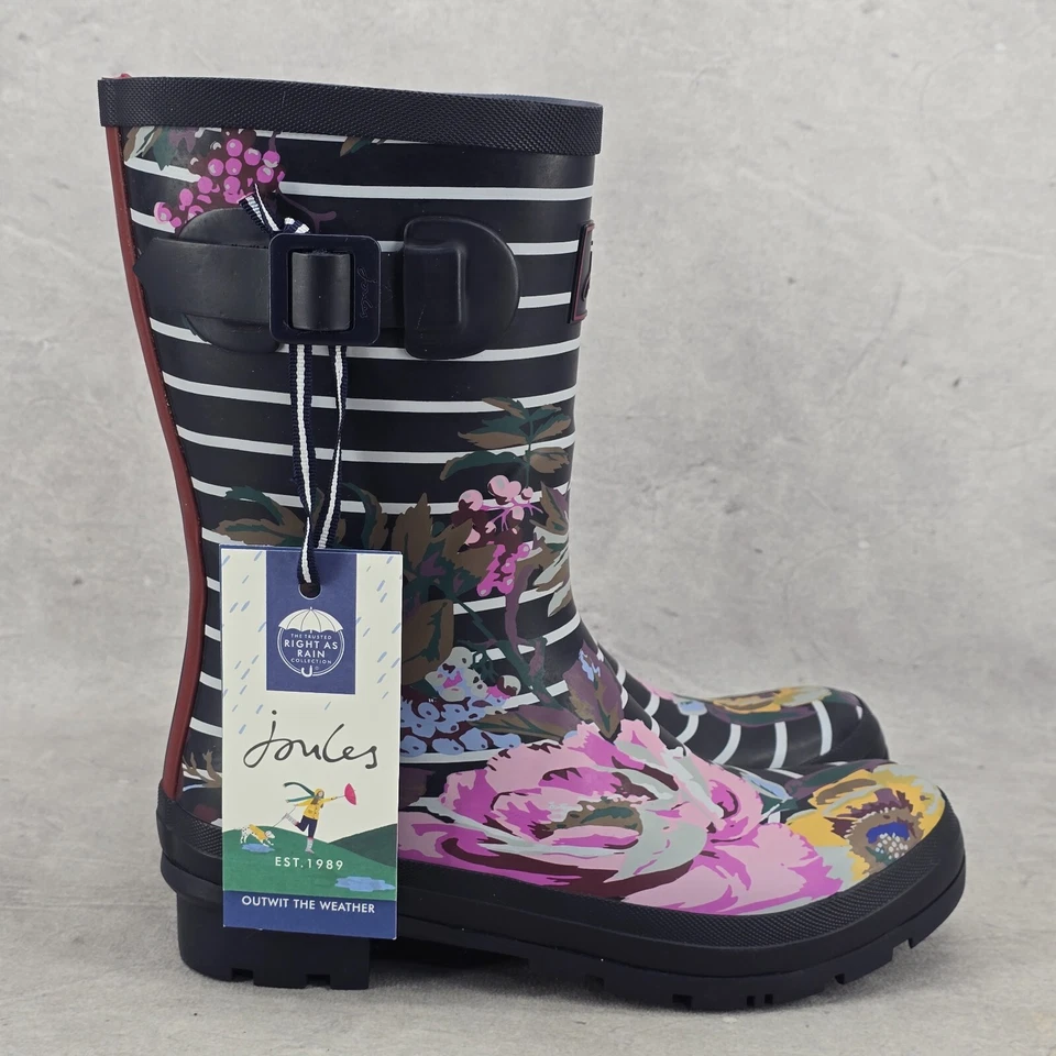 Nuevas Botas de Lluvia Joules Media Pantorrilla Molly Welly Azul Marino Rayas Flores Talla EE. UU.: 6 REINO UNIDO: 4 Foto 4 de 4