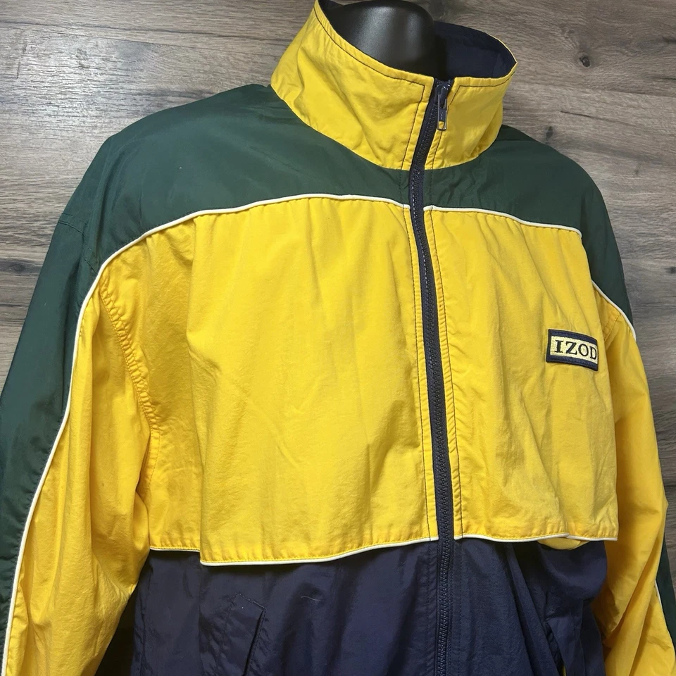 Vintage Izod Jacket Mens Large Yellow Blue Colorblock Windbreaker Coat 90s Golf - Image 3 of 4
