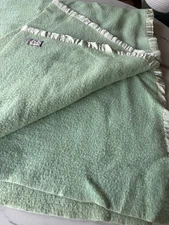 Vintage A Pepperell Blanket Green Rayon Wool Cotton Blend Satin Trim 72"x63"