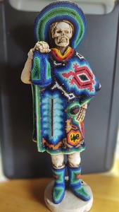Huichol Day of the Dead Beaded Mexican Folk Art on a carved Statue By Hueso Art