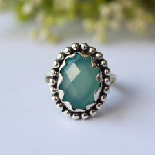 925 Sterling Silver Blue Chalcedony Ring: , Oval Gemstone Ring