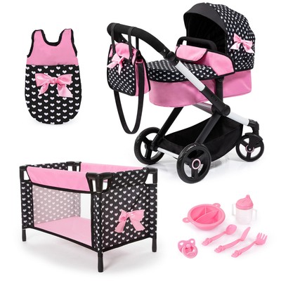 Bayer Design Kombi-Puppenwagen Xeo Mega Set Herzchen schwarz-pink NEU