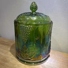INDIANA Glass Iridescent Green Carnival Glass Harvest Candy Jar  #2444 • Vintage