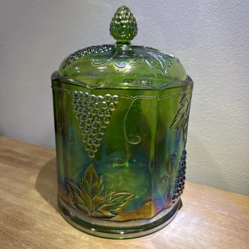 INDIANA Glass Iridescent Green Carnival Glass Harvest Candy Jar  #2444 • Vintage