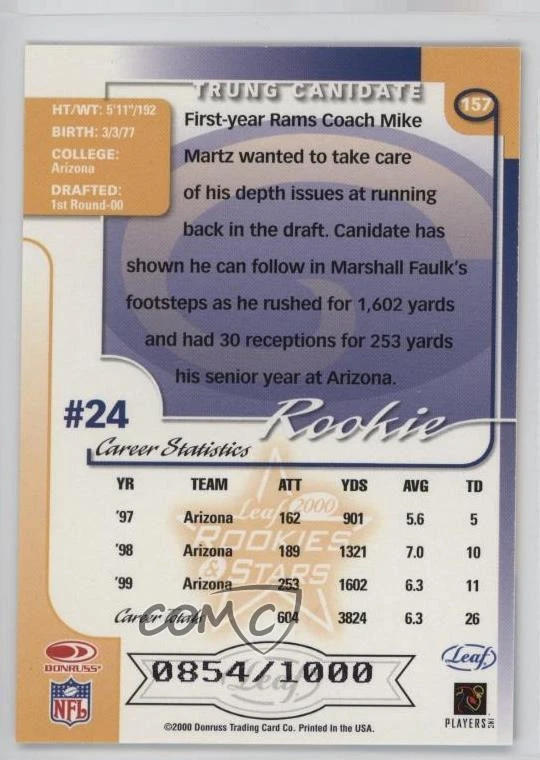 2000 Leaf Rookies & Stars Rookie /1000 Trung Canidate #157 RC - Image 2 of 2