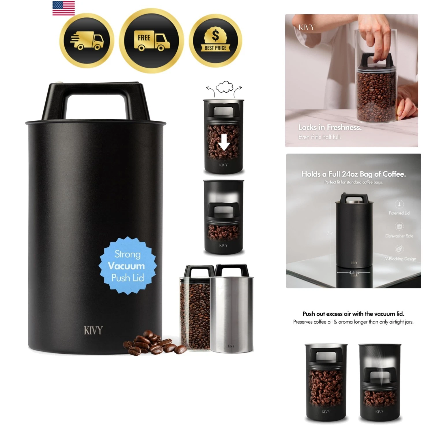 Vacuum Coffee Canister - Push Lid Preserves Coffee Aroma & Oil - Stainless St...