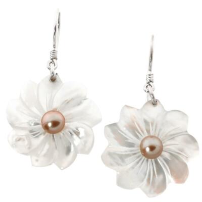 925 Silver White Mother Of Pearl Shell Flower Gold Pearl Sterling Earrings, 1''