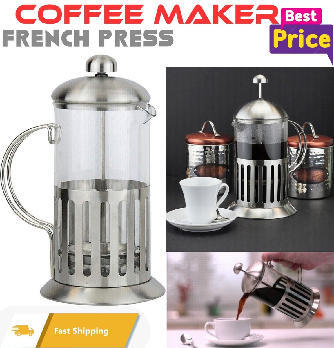 Stainless Steel Coffee Plunger Glass 6-Cup Cafeteria French Press 600 ml UK