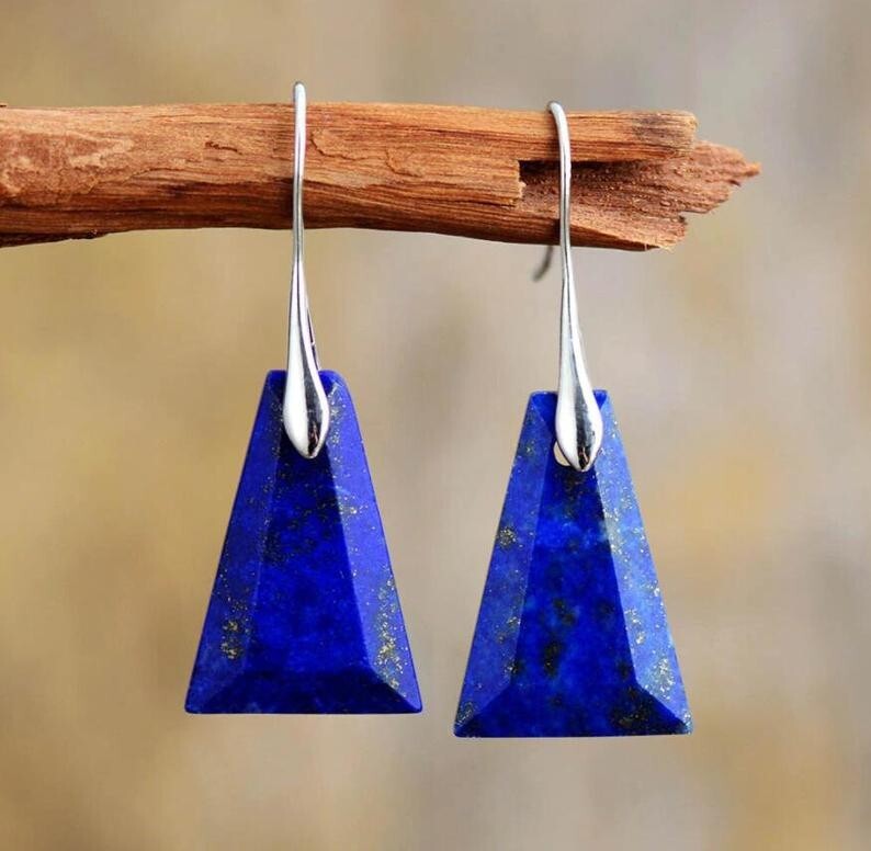 Natural Stone Lapis Lazuli Women Earrings Dark Blue Dangle Earrings Jewelry Gift