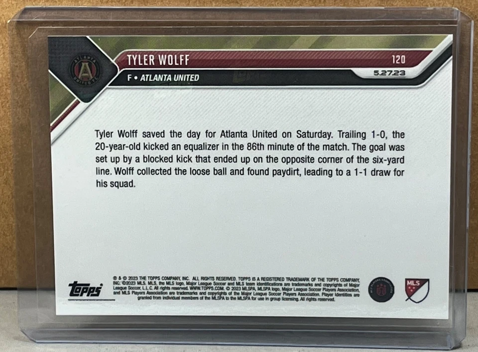 2023 TOPPS NOW MLS #120 TYLER WOLFF ATLANTA UNITED Call-Up Purple Parallel 4/25 - Image 3 of 3