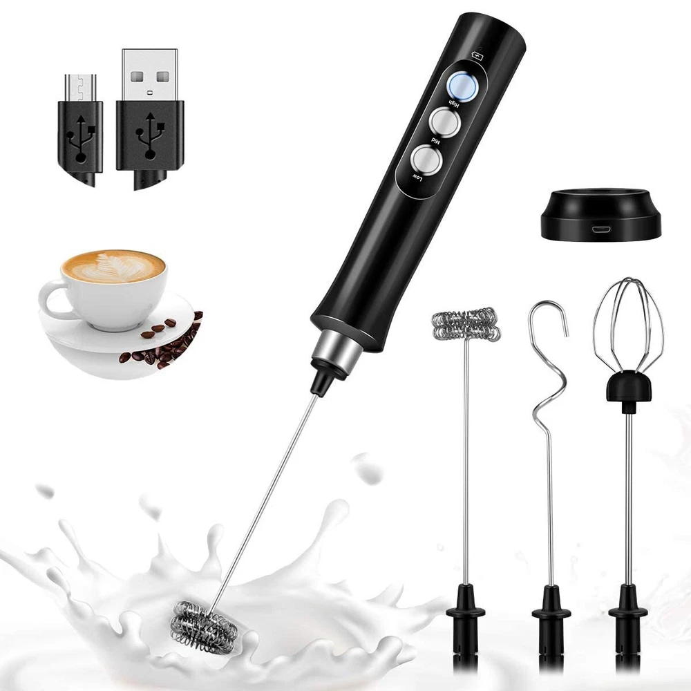 Milk Frother Handheld USB Rechargeable Electric Foam Maker with 3 Heads 3 Adj...
