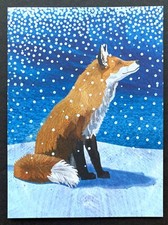 * ONE * Red Fox On Blue Christmas New Year Peace And Joy Card Snow Made In USA 1