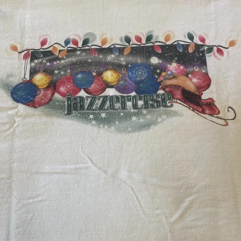 Camiseta JAZZERCISE Vintage Años 90 Adulto Talla XL Blanca con Adornos de Navidad Foto 3 de 4