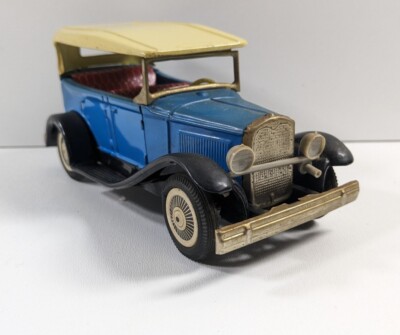 Vintage Japan Tin Toy Litho Bandai Ford Model A Friction Powered Sedan Blue