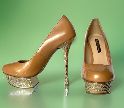 Sasha Fabiani Gold Platform Caramel Patent Leather Stiletto Heels Pumps US 6