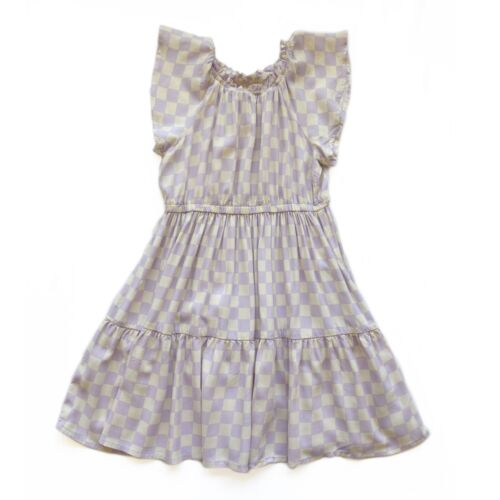 Girls S 6/6x Checked Dress Lavendar Purple Short Flutter Sleeve Flowy Rayon