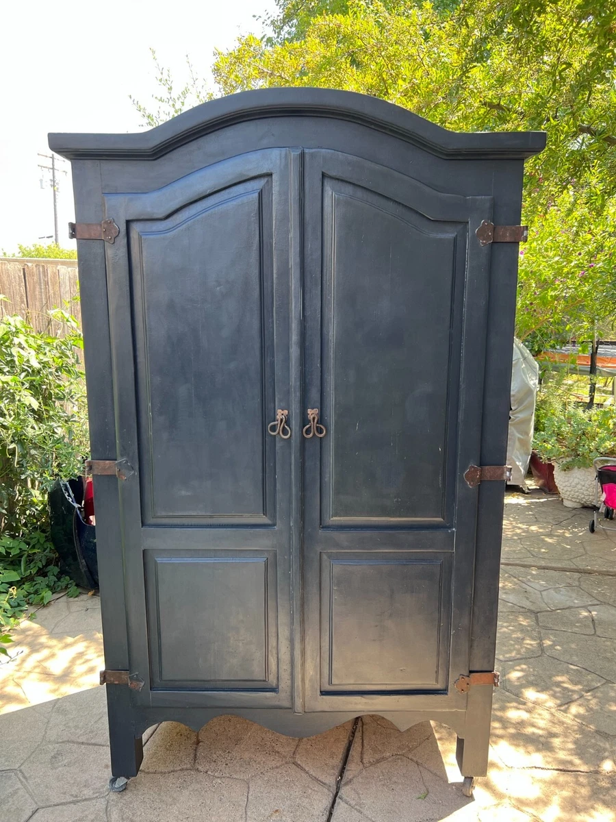 ANTIQUE PINE WOOD ARMOIRE TV STAND/WARDROBE CABINET BLACK CHALK PAINT  RESTORED