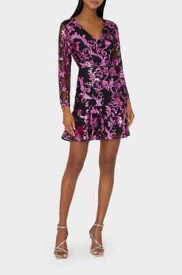 MILLY Black Pink Sequin Paisley Sheer Mesh 3/4 Sleeve V-Neck Mini Dress 8 US = M
