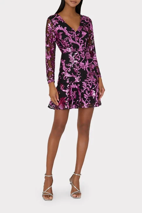 Mini Vestido MILLY Negro Rosa Lentejuelas Paisley Malla Transparente Manga 3/4 Cuello en V 8 EE. UU. = M Foto 3 de 4