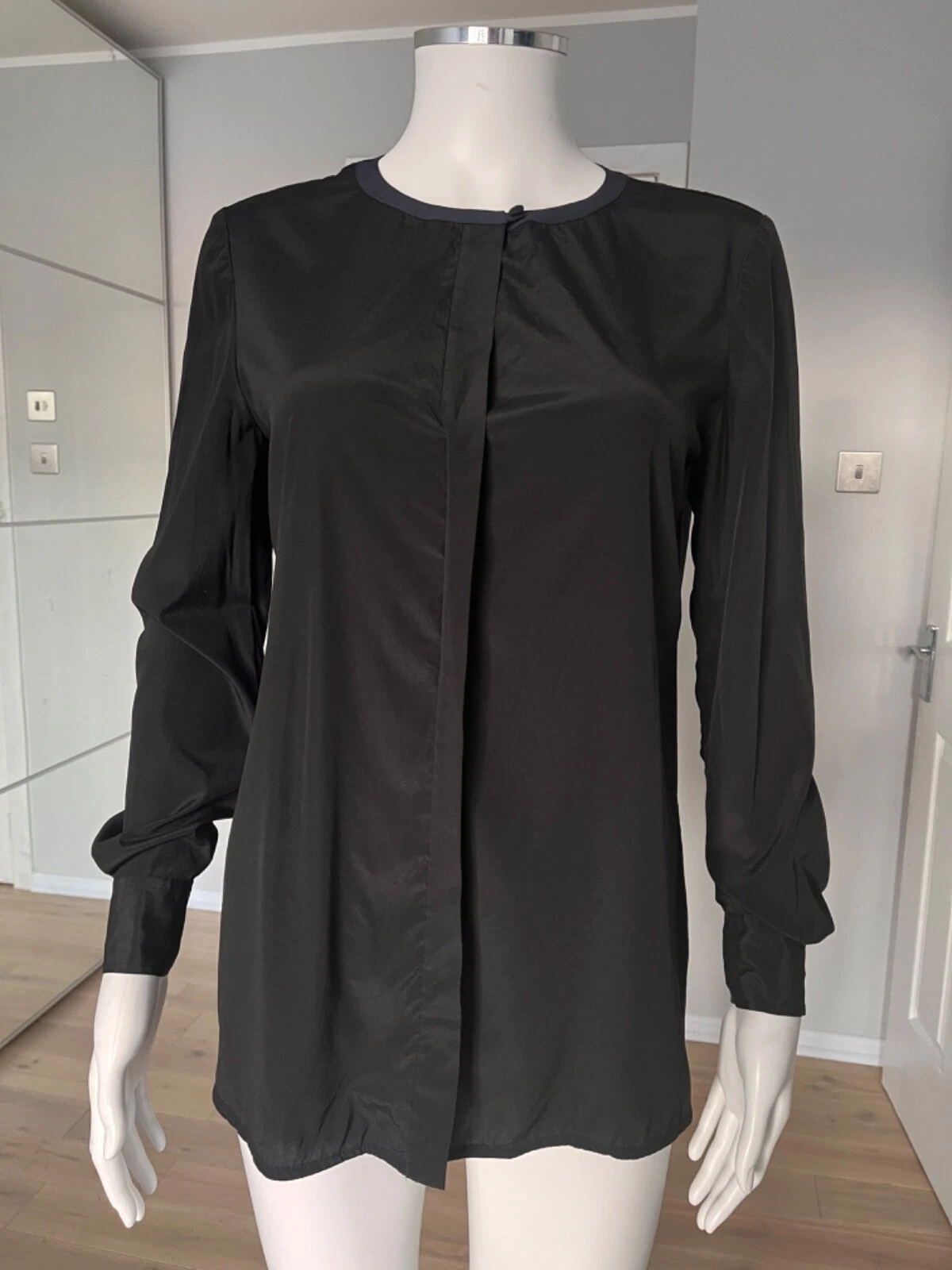 Camicia tunica Meg Tory Burch nera blu navy manica lunga seta donna taglia US4