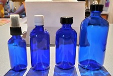 Assorted Cobalt Blue Glass Bottles w/ Various Caps/Sprayer - Set of 4