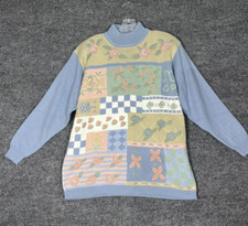 Vtg Alfred Dunner Women XL Blue Floral Embroidered Sweater Cottage Acrylic Blend