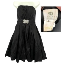 Black Strapless Pleated Cocktail Dress SMALL Rhinestone Center Puff Skirt Aspeed