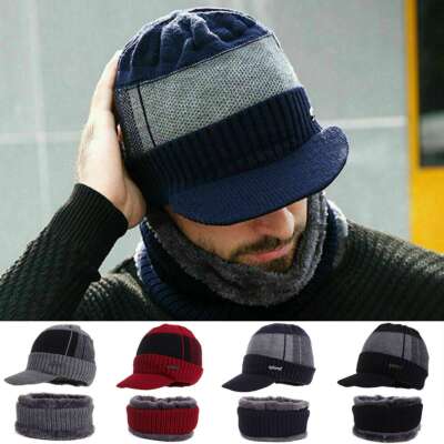 Winter Men Warm Hat Knit Visor Beanie Fleece Lined Billed Beanie with Brim Caps