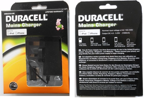 DURACELL Mains Charger {30 Pin) for Apple iPod Nano / Classic / Touch / iPhone 4