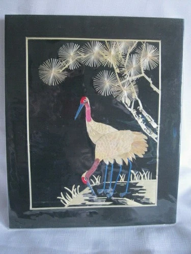 Vintage Art Birds Wheat Stalk on Silk Hand Cut & Dyed Art