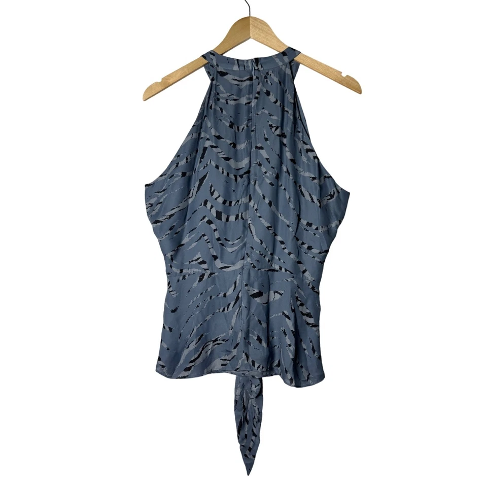 Parker Alice Blue Zebra Tiger Print Silk Blend Halter Tie Front Womens Blouse L - Image 3 of 4