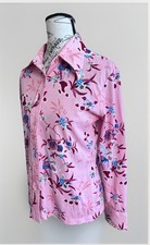Vintage 70s Lerner Shops Pink Boho Birds  Floral Long Sleeve Button Down Top