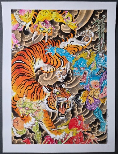 Original Tim Lehi Traditional Tattoo Flash Sheet Hand Signed, Stamped Tiger, Oni
