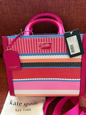KATE SPADE - KLEINE BEUTELTASCHE MANHATTEN GESTREIFT GEWEBT STROH - NEU MIT ETIKETT & STAUBBEUTEL